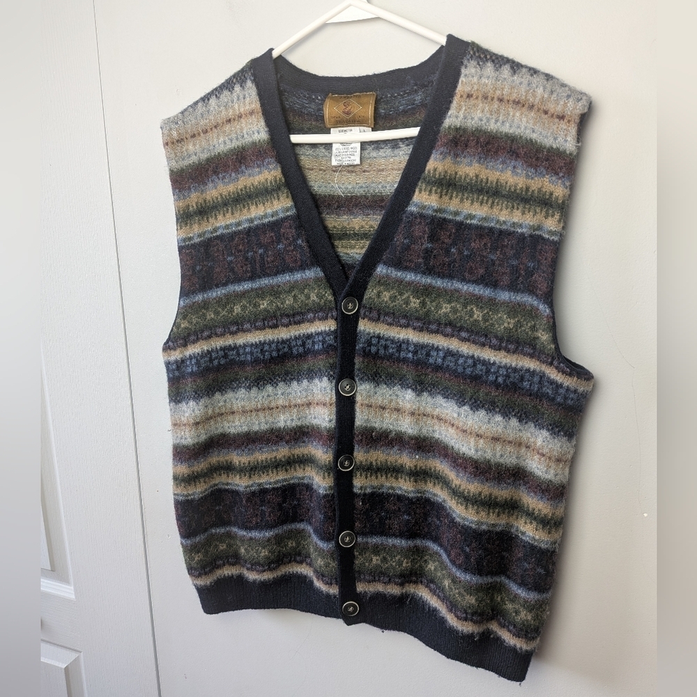 VINTAGE 90' Men Sleeveless Cardigan Size L 100% Wool Unisex Buttons Closure